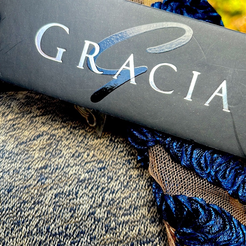 GRACIA SHEER & DARK BLUE EMBROIDERY 3/4 SLEEVE EVENING DUSTER - L - NWT !  💙🤎 - Picture 7 of 8